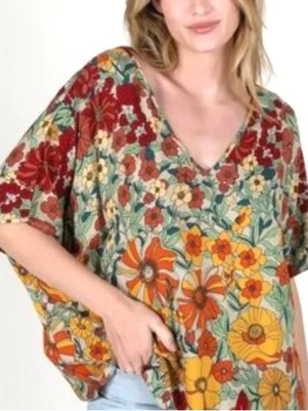 NATURAL LIFE Multicolor Floral V-Neck Tunic blouse festival bohemian artsy Med
